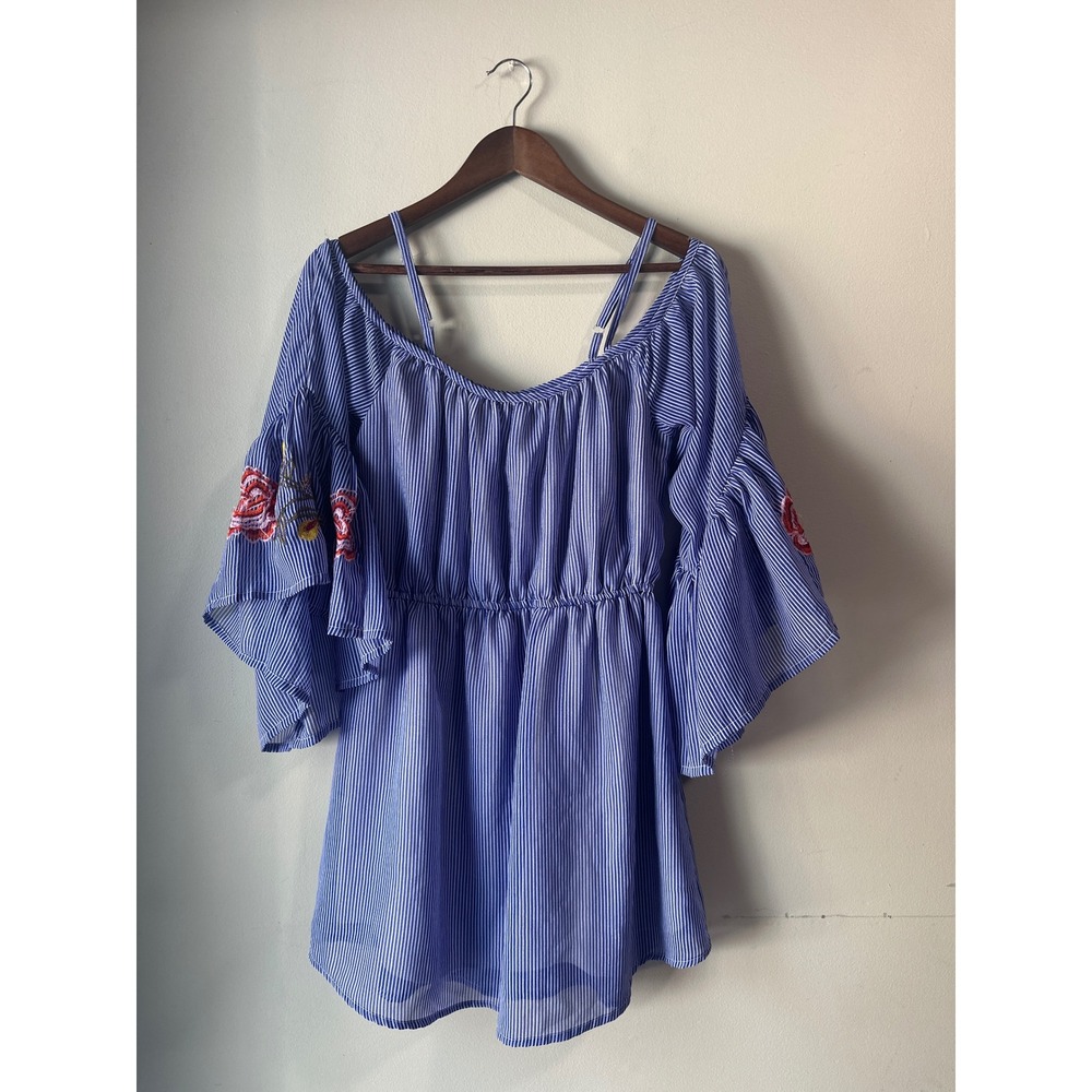 Love Ari Blue Striped Boho Embroidered Cold Shoulder Bell Sleeve Dress